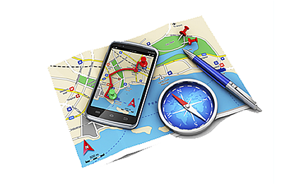 Image of a map, mobile phone, compass, and pen.